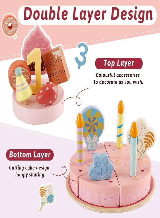 KITMEER Kids Pretend Birthday Cake Toy Set, 2-Tier Wooden Cutting Cake with Plate, Candles, Decorations, Kitchen Play Food Gift for Children 3+ - Image 5